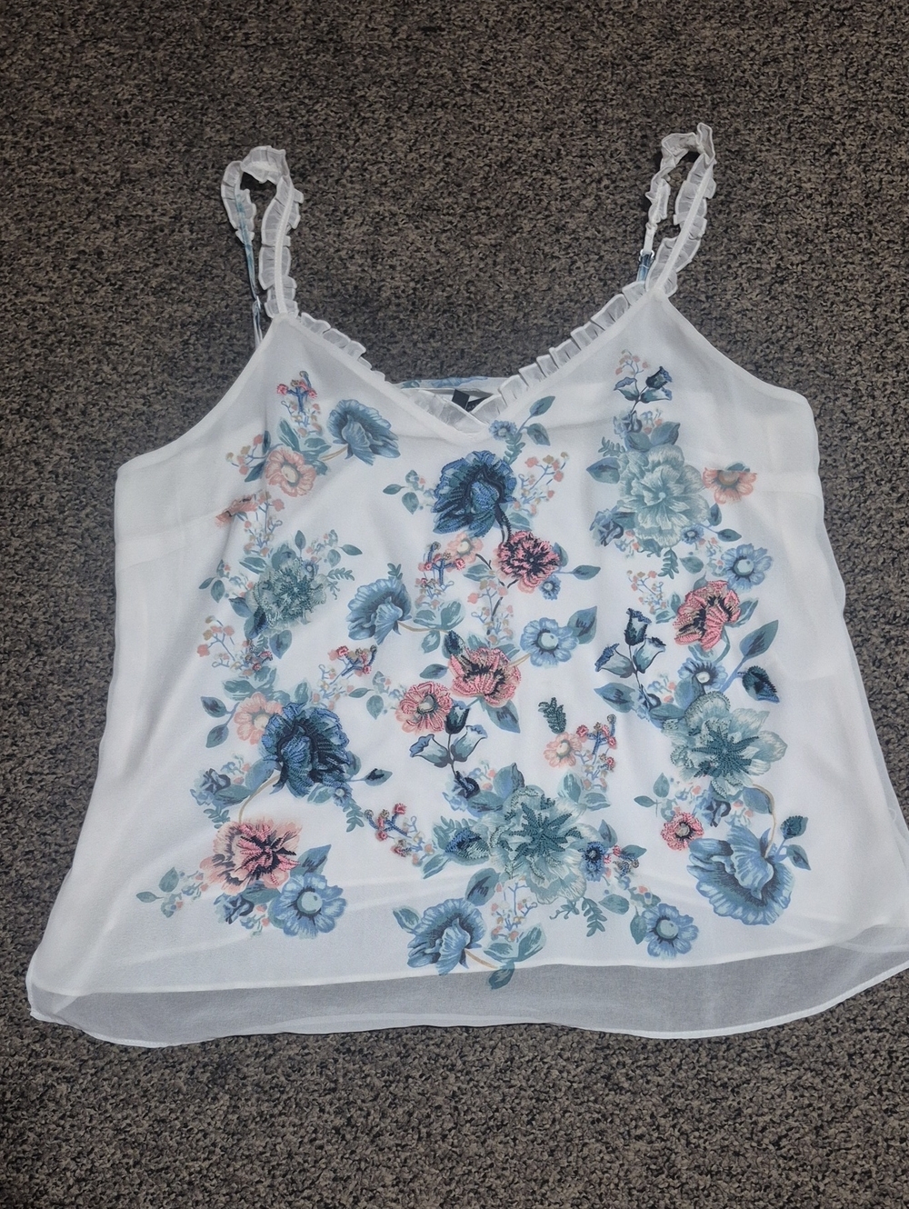 White House Black Market White Floral V-Neck Ruffle-Trim Camisole